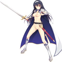 Rule 34 | 1girl, absurdres, aikawa tatsuki, belt, belt skirt, black hair, breasts, censored, full body, highres, holding, holding sword, holding weapon, legs apart, long hair, looking at viewer, medium breasts, mosaic censoring, navel, nipples, nude, official art, one eye closed, parted lips, pussy, red eyes, rize mknest, ryuukishi bloody saga, smile, solo, standing, sword, transparent background, weapon, wide stance, wince