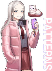 Rule 34 | 1girl, absurdres, animal, bad id, bad pixiv id, blue eyes, brown skirt, cat, cellphone, coat, collared shirt, cowboy shot, grey hair, grin, hand in pocket, hand up, highres, holding, holding phone, hood, hood down, hooded coat, long hair, long sleeves, looking at viewer, necktie, nongxy nonshi, open clothes, original, pale skin, phone, pink coat, pleated skirt, red necktie, shirt, skirt, smartphone, smile, solo, teeth, white shirt, winter clothes