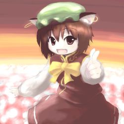 Rule 34 | 1girl, animal ears, brown hair, cat ears, cat girl, chen, earrings, fangs, female focus, finger gun, hat, jewelry, looking at viewer, lowres, no nose, pointing, red eyes, short hair, solo, touhou, tsubasa (abchipika)