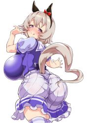 Rule 34 | 1girl, :q, absurdres, alternate breast size, animal ears, breasts, curren chan (umamusume), ear covers, from behind, grey hair, highres, horse ears, horse girl, horse tail, huge breasts, looking at viewer, looking back, purple eyes, school uniform, short hair, short sleeves, simple background, skirt, solo, tail, thighhighs, thighs, tongue, tongue out, tracen school uniform, umamusume, white background, white skirt, white thighhighs, yuki usagi (agtd5758), zettai ryouiki