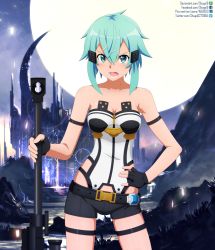 Rule 34 | 1girl, anti-materiel rifle, arm strap, black gloves, black shorts, blue eyes, blue hair, bolt action, breasts, cleavage, collarbone, contrapposto, cowboy shot, fingerless gloves, gloves, gun, hair between eyes, hair ornament, hairclip, hand on own hip, highres, holding, holding gun, holding weapon, leotard, looking at viewer, medium breasts, open mouth, pgm hecate ii, rifle, short hair with long locks, short shorts, shorts, shugo19, sidelocks, sinon, sniper rifle, solo, standing, strapless, strapless leotard, sword art online, thigh strap, v-shaped eyebrows, watermark, weapon, web address, white leotard