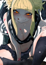 Rule 34 | 1girl, blonde hair, blood, blunt bangs, blush, boku no hero academia, breasts, cleavage, collarbone, double bun, hair bun, heart, heart-shaped pupils, looking at viewer, medium breasts, midriff, navel, shoes, skirt, smile, socks, solo, symbol-shaped pupils, toga himiko, tongue, tongue out, white background, yellow eyes, zd (pixiv6210083)