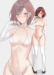 Rule 34 | 1girl, absurdres, bikini, black footwear, blush, breasts, brown hair, closed mouth, collarbone, covered erect nipples, crossed bangs, dot nose, elbow gloves, eyes visible through hair, female focus, full body, gloves, hair between eyes, hair ornament, hairclip, hibika, highres, higuchi madoka, idolmaster, idolmaster shiny colors, jaggy lines, looking at viewer, micro bikini, mole, mole under eye, navel, red eyes, shadow, short hair, small breasts, standing, swept bangs, swimsuit, thick thighs, thighhighs, thighs, tsurime, white bikini, white gloves, white thighhighs, zoom layer