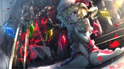 Rule 34 | 1girl, :o, between legs, blonde hair, flandre scarlet, gears, hand between legs, hat, highres, looking at viewer, machinery, red eyes, revision, ryosios, short hair, side ponytail, sitting, solo, stairs, stuffed toy, touhou, wariza, wings