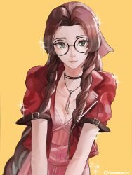 Rule 34 | 1girl, absurdres, aerith gainsborough, braid, breasts, brown hair, cleavage, commentary, cropped jacket, dress, english commentary, final fantasy, final fantasy vii, final fantasy vii remake, glasses, green eyes, highres, jacket, jewelry, lips, long hair, looking at viewer, necklace, pink dress, red jacket, ribbon, round eyewear, simple background, smile, solo, square enix, tommy (kingdukeee), upper body, yellow background