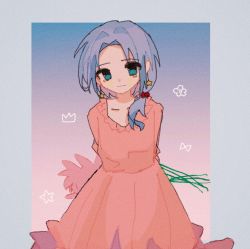 Rule 34 | 1girl, arms behind back, blue hair, bow, chinese commentary, closed mouth, commentary request, cowboy shot, crown, dress, earrings, enomoto noa, eyes visible through hair, film grain, flower, frills, hair bobbles, hair intakes, hair ornament, highres, huainianll, jewelry, low ponytail, multicolored background, pink dress, saibou shinkyoku, smile, solo, star (symbol), star earrings