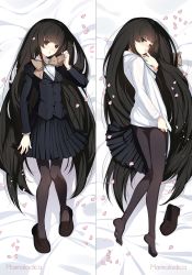 Rule 34 | 1girl, artist name, bed sheet, black eyes, black footwear, black hair, black jacket, black pantyhose, black skirt, blazer, blunt bangs, blush, bow, bowtie, brown bow, brown neckwear, closed mouth, commentary, commission, dakimakura (medium), english commentary, finger to mouth, full body, highres, jacket, kouyouen academy school uniform, loafers, long hair, long sleeves, looking at viewer, lying, marmaladica, multiple views, no shoes, on back, on side, pantyhose, petals, pleated skirt, school uniform, shirt, shoes, unworn shoes, skirt, unworn skirt, suou kuyou, suzumiya haruhi no yuuutsu, very long hair, white shirt
