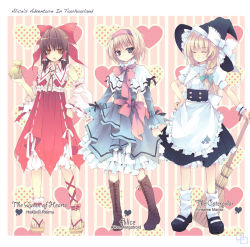 Rule 34 | 3girls, alice in wonderland, alice margatroid, alternate costume, apron, blonde hair, blue eyes, blue hallelujah, boots, bow, braid, broom, brown eyes, brown hair, buttons, capelet, character name, closed eyes, crossover, dress, geta, grin, hair bow, hair ribbon, hairband, hakurei reimu, hat, heart, kirisame marisa, mary janes, multiple girls, open mouth, ribbon, shoes, smile, socks, spade, touhou, witch, witch hat
