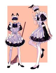 Rule 34 | 2boys, animal ears, apron, black blindfold, black dress, black hair, blindfold, broom, commentary request, crossdressing, dress, facing viewer, frilled apron, frilled dress, frills, full body, fushiguro megumi, gojou satoru, heart, height difference, highres, holding, holding broom, holding tray, jujutsu kaisen, looking at viewer, maid, maid headdress, male focus, multiple boys, pantyhose, puffy short sleeves, puffy sleeves, rabbit ears, shenshan laolin, short hair, short sleeves, smile, tray, v, white hair, white pantyhose