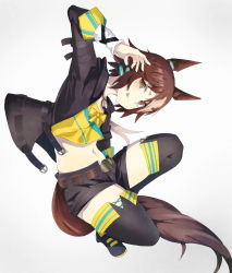 Rule 34 | 1girl, animal ears, belt, black footwear, black jacket, black shorts, boots, brown eyes, brown hair, closed mouth, crop top, full body, grey background, horse ears, horse girl, horse tail, jacket, long sleeves, looking at viewer, midriff, navel, nero2, shirt, shorts, simple background, smile, solo, tail, thigh boots, tongue, tongue out, umamusume, vodka (umamusume), yellow shirt