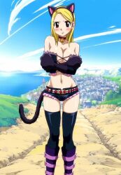 Rule 34 | 1girl, animal ears, animal hands, bell, blonde hair, blush, breasts, brown eyes, cat ears, cat paws, cat tail, cleavage, fairy tail, fake animal ears, jingle bell, large breasts, looking at viewer, lucy heartfilia, navel, outdoors, shorts, tail