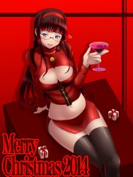 Rule 34 | 10s, 1girl, 2014, bell, black hair, black thighhighs, blue eyes, box, breasts, christmas, cleavage, cleavage cutout, clothing cutout, gift, gift box, glass, glasses, hairband, heart, highres, huge breasts, jingle bell, lips, long hair, looking at viewer, md5 mismatch, meme attire, merry christmas, midriff, miniskirt, navel, open-chest sweater, original, red background, resolution mismatch, ribbed sweater, sitting, skirt, smile, solo, source smaller, sweater, taru neko, thighhighs, turtleneck, zipper
