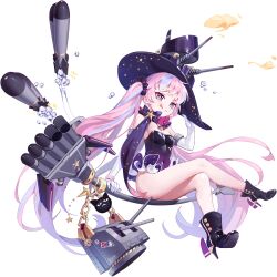 Rule 34 | 1girl, adapted turret, artist request, bare legs, black leotard, black surge night, blue eyes, blue hair, broom, broom riding, closed mouth, crossed bangs, elbow gloves, gloves, hat, high heels, highres, leotard, long hair, multicolored hair, official art, pink eyes, pink hair, power (black surge night), solo, streaked hair, third-party source, tongue, tongue out, torpedo launcher, transparent background, twintails, two-tone eyes, very long hair, white gloves, witch hat