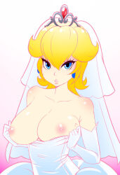 Rule 34 | 1girl, blonde hair, blue eyes, breasts, breasts out, clothes pull, dress, dress pull, evil-dei, gloves, highres, large breasts, mario (series), nintendo, nipples, parted lips, princess, princess peach, smile, super mario odyssey, wedding dress