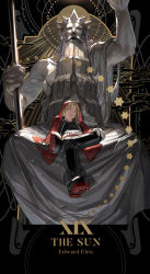 Rule 34 | 1boy, ahoge, black footwear, black pants, black shirt, blonde hair, blouse, boots, braid, braided ponytail, character name, cloak, closed mouth, crossed legs, edward elric, emmmerald, english text, fullmetal alchemist, gloves, highres, hood, hood up, long sleeves, looking at viewer, male focus, mechanical arms, pants, revision, shirt, single braid, single mechanical arm, sitting, solo, star (symbol), statue, tarot, tarot (medium), the sun (tarot), v-shaped eyebrows, white gloves, yellow eyes