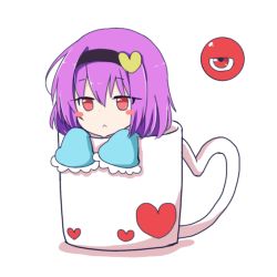 Rule 34 | 1girl, :&lt;, black hairband, blush stickers, commentary request, cup, frilled sleeves, frills, hair between eyes, hairband, heart, in container, in cup, jitome, komeiji satori, long sleeves, looking at viewer, mini person, minigirl, mug, purple hair, red eyes, shadow, short hair, simple background, solo, third eye, touhou, white background, wide sleeves, ying1hua1