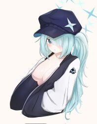 Rule 34 | 1girl, asymmetrical bangs, blue archive, blue hair, blush, breasts, bucket hat, cabbie hat, cleavage, cropped torso, hair over one eye, halo, hand in pocket, hat, highres, hiyori (blue archive), jacket, large breasts, lechi kun, letterman jacket, looking at viewer, no bra, no shirt, one eye covered, open clothes, open jacket, ponytail, simple background, solo, upper body, white background