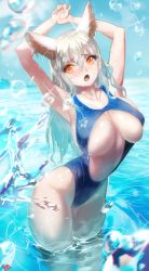 Rule 34 | 1girl, animal ears, armpits, arms up, blue one-piece swimsuit, blush, breasts, center opening, chromatic aberration, competition swimsuit, covered erect nipples, curvy, hands up, highres, huge breasts, long hair, one-piece swimsuit, open mouth, orange eyes, original, own hands together, sideboob, signature, silver hair, soaking feet, solo, sparkle, swimsuit, underboob, wading, water, wet, wide hips, yd (orange maru)
