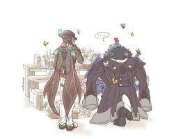 Rule 34 | ..., 2boys, arm behind back, black coat, black headwear, bug, butterfly, butterfly on shoulder, coat, commentary request, flower, flower pot, from behind, honkai: star rail, honkai (series), insect, krakrignmr, looking at another, looking at flowers, male focus, monocle, multiple boys, on one knee, robot, screwllum (honkai: star rail), standing, svarog (honkai: star rail), twitter username, white background