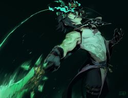 Rule 34 | 1boy, arm tattoo, black gloves, black hair, black pants, chinese clothes, clenched teeth, cowboy shot, dark background, denimecho, dynamic pose, genshin impact, gloves, glowing, glowing eyes, green hair, holding, holding polearm, holding weapon, jewelry, looking at viewer, male focus, mask, multicolored hair, necklace, pants, pearl necklace, pendant, polearm, short hair, signature, skin tight, solo, spear, streaked hair, tassel, tattoo, teeth, toned, toned male, weapon, xiao (genshin impact), yellow eyes