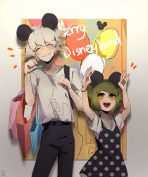 Rule 34 | 1boy, 1girl, age difference, arms up, backpack, bag, balloon, belt, black legwear, black pants, blush, child, closed eyes, collarbone, danganronpa (series), danganronpa 2: goodbye despair, danganronpa another episode: ultra despair girls, disneyland, dress, eyebrows, green eyes, green hair, hairband, hands up, headband, headwear request, heart, height difference, highres, komaeda nagito, leather belt, long hair, looking up, matching hair/eyes, messy hair, mickey mouse ears, multicolored background, open mouth, pants, pinstripe legwear, pinstripe pattern, polka dot, polka dot dress, shirt, shirt under dress, shopping bag, simple background, smile, striped clothes, striped legwear, striped pants, teeth, tongue, towa monaca, upper teeth only, white background, white hair, white shirt