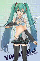 Rule 34 | 00s, 1girl, aqua eyes, aqua hair, bad id, bad pixiv id, bra, detached sleeves, hatsune miku, lingerie, long hair, midriff, page tear, revealing layer, rexcel, solo, standing, striped bra, striped clothes, thighhighs, twintails, underwear, very long hair, vocaloid, x-ray