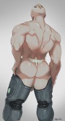 Rule 34 | 1boy, aoi (husiginokuninoa), ass, ass focus, back, bara, character request, commission, completely nude, feet out of frame, from behind, highres, looking away, male focus, muscular, muscular male, nude, prosthesis, prosthetic leg, short hair, solo, thick thighs, thighs, warhammer 40k