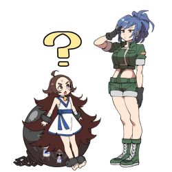 Rule 34 | 2girls, ?, ball, ball and chain (weapon), barefoot, blue hair, blush, boots, brown eyes, brown hair, chain, chang koehan, child&#039;s drawing, crop top, earrings, forehead, full body, genderswap, genderswap (mtf), gloves, height difference, jewelry, leona heidern, long hair, looking at another, midriff, multiple girls, nhadraw, open mouth, parted bangs, ponytail, salute, short hair, shorts, sweatdrop, the king of fighters