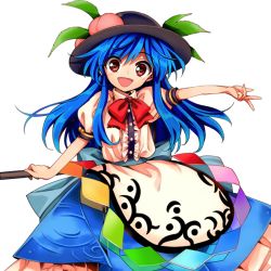 Rule 34 | 1girl, :d, antinomy of common flowers, apron, black hat, blue skirt, bow, buttons, cowboy shot, food, frilled skirt, frills, fruit, harukawa moe, hat, hinanawi tenshi, holding, holding sword, holding weapon, looking at viewer, official art, open mouth, peach, puffy short sleeves, puffy sleeves, red bow, red eyes, shirt, short sleeves, skirt, smile, solo, sword, sword of hisou, touhou, transparent background, weapon, white shirt