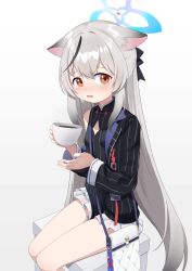 Rule 34 | 1girl, animal ears, arm out of sleeve, bag, blue archive, brown eyes, chinese clothes, coffee, coffee mug, commentary request, crying, crying with eyes open, cup, frilled skirt, frills, grey hair, hadanugi dousa, hair between eyes, halo, handbag, highres, japanese clothes, kimono, kokona (blue archive), long hair, looking at viewer, low twintails, mug, multicolored hair, open clothes, open kimono, parted lips, sidelocks, simple background, sitting, skirt, sleeveless, solo, streaked hair, tears, ten can, tiger ears, tiger girl, twintails, two-tone hair