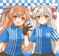 Rule 34 | 2girls, amatsukaze (kancolle), black gloves, blue background, breasts, brown eyes, checkered background, cocoperino, cowboy shot, employee uniform, gloves, hair tubes, johnston (kancolle), kantai collection, lawson, light brown hair, long hair, medium breasts, multiple girls, shirt, silver hair, single glove, store clerk, striped clothes, striped shirt, two side up, uniform, vertical-striped clothes, vertical-striped shirt, yellow eyes