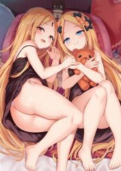 Rule 34 | 2girls, abigail williams (fate), ass, barefoot, black bow, black camisole, blonde hair, blue eyes, bow, breasts, camisole, dual persona, fang, fate/grand order, fate (series), feet, forehead, hair bow, highres, keyhole, legs, long hair, milkshakework, multiple girls, multiple hair bows, orange bow, panties, parted bangs, polka dot, polka dot bow, red eyes, small breasts, smug, stuffed animal, stuffed toy, teddy bear, underwear, white panties
