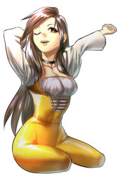 Rule 34 | 1girl, arms up, black hair, bodysuit, boots, breasts, brown eyes, buckle, cleavage, commentary request, final fantasy, final fantasy ix, from side, garnet til alexandros xvii, highres, long hair, long sleeves, looking away, low-tied long hair, non (nonbiriya mini), orange bodysuit, puffy sleeves, simple background, solo, thighs, very long hair, white background