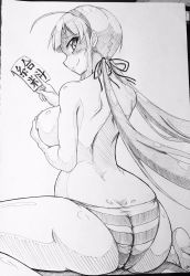 Rule 34 | 1girl, ahoge, ass, blush, bow, breast hold, breasts, dimples of venus, female focus, from behind, gluteal fold, greyscale, hair ribbon, hairband, highres, jin homuhomu, large breasts, long hair, looking back, mole, mole under mouth, monochrome, panties, paper, ribbon, ryoubi (senran kagura), senran kagura, shiny skin, sideboob, sitting, smile, solo, striped clothes, striped panties, topless, traditional media, twintails, underwear, wariza
