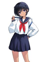 Rule 34 | 1girl, black hair, blue sailor collar, blue skirt, closed mouth, commentary request, contrapposto, dark-skinned female, dark skin, expressionless, feet out of frame, hand on own hip, hand up, head tilt, highres, long sleeves, neckerchief, original, purple eyes, red neckerchief, sailor collar, shirt, short hair, simple background, skirt, solo, take shinobu, white background, white shirt