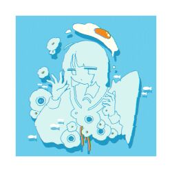 Rule 34 | 1girl, absurdres, air bubble, anemone (flower), blue background, blunt bangs, border, bubble, closed mouth, dot mouth, fish, flower, fried egg, hands up, highres, jitome, limited palette, long sleeves, looking at viewer, neckerchief, open hand, orange neckerchief, original, sailor collar, school uniform, serafuku, short hair, sidelocks, simple background, solo, sskitaco, white border, white flower