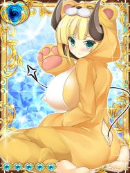Rule 34 | animal costume, ass, back cutout, blonde hair, breasts, clothing cutout, covered erect nipples, green eyes, horns, huge breasts, inma kourin devil carnival, looking at viewer, sitting, tail