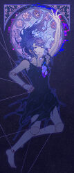Rule 34 | 1girl, absurdres, asahina mafuyu, black dress, bubble, commentary, dress, english commentary, flower, glitch, highres, light particles, littlegrandpar, looking up, marionette, mask, masquerade mask, melting, music box, outstretched arm, parted lips, ponytail, project sekai, puppet, puppet strings, purple eyes, reaching, sheet music, snowflake background, solo, splatter, torn clothes
