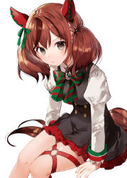 Rule 34 | 1girl, animal ears, black dress, blush, bow, bowtie, brown eyes, brown hair, buttons, closed mouth, dress, feet out of frame, green bow, green bowtie, highres, horse ears, horse girl, horse tail, juliet sleeves, long hair, long sleeves, multicolored hair, nice nature (umamusume), puffy sleeves, red hair, shirt, simple background, sleeveless, sleeveless dress, solo, streaked hair, tail, twintails, umamusume, white background, white shirt, yon (letter)