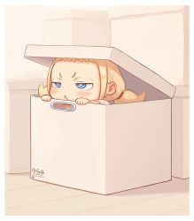 Rule 34 | 1girl, :&lt;, blonde hair, blue eyes, blush, box, child, in box, in container, jitome, kozato (yu kozato), low twintails, original, solo, twintails, v-shaped eyebrows