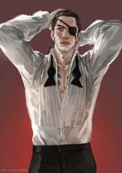 Rule 34 | 1boy, arms up, black hair, black pants, cowboy shot, dress shirt, eyebrows, eyepatch, formal, highres, jane mere, looking at viewer, majima goro, male focus, manly, pants, red background, red eyes, ryuu ga gotoku (series), ryuu ga gotoku 0, shirt, simple background, solo