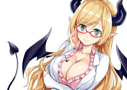 Rule 34 | 1girl, adjusting eyewear, bat tattoo, bespectacled, blue eyes, blush, breast hold, breast tattoo, breasts, cleavage, closed mouth, coat, collarbone, collared shirt, commentary, demon horns, demon tail, demon wings, dutch angle, frilled shirt, frills, glasses, hair between eyes, hololive, horns, kosuke (bb), lab coat, large breasts, long hair, looking at viewer, open clothes, open coat, parted bangs, pink shirt, pointy ears, red-framed eyewear, shirt, simple background, smile, solo, tail, tattoo, upper body, virtual youtuber, white background, white coat, wing collar, wings, yuzuki choco, yuzuki choco (1st costume)