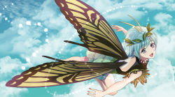 Rule 34 | 1girl, album cover, antennae, aqua hair, back cutout, blue eyes, blue hair, butterfly wings, clothing cutout, cloud, commentary request, cover, dress, eternity larva, flying, highres, insect wings, kyuu umi, leaf, leaf on head, open mouth, short sleeves, sky, smile, solo, touhou, wings