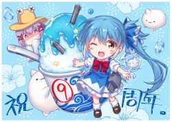 Rule 34 | ;d, absurdres, blue background, blue bow, blue dress, blue hair, blush stickers, bow, brown footwear, brown headwear, character request, circled 9, cirno, cirno (cosplay), collared shirt, commentary request, cosplay, detached wings, dress, food, frilled dress, frills, frozen, hair between eyes, hair bow, hat, highres, ice, ice wings, long hair, looking at viewer, moriya suwako, moriya suwako (cosplay), one eye closed, open mouth, puffy short sleeves, puffy sleeves, purple eyes, purple hair, shaved ice, shenbei xiaoqiu, shirt, shoes, short sleeves, side ponytail, sleeveless, sleeveless dress, smile, socks, spoon, sweat, torpedo, touhou, turn pale, very long hair, warship girls r, white shirt, white socks, wings, x x, yellow eyes