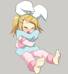 Rule 34 | 1girl, barefoot, blonde hair, blush, bow, duplicate, closed eyes, hug, kagamine rin, massala, hugging object, open mouth, pajamas, pillow, pillow hug, short hair, smile, solo, vocaloid