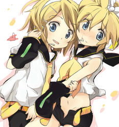 Rule 34 | 00s, 1boy, 1girl, blonde hair, blue eyes, brother and sister, cosplay, costume switch, crossdressing, ixy, kagamine len, kagamine rin, navel, siblings, trap, twins, vocaloid