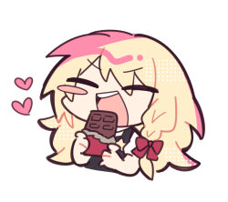 Rule 34 | 1girl, blonde hair, bow, braid, candy, chibi, chocolate, chocolate bar, closed eyes, commentary request, cookie (touhou), cropped torso, eating, eyes visible through hair, food, hair between eyes, hair bow, heart, highres, holding, holding food, kirisame marisa, long bangs, long hair, misosiru 0224, no headwear, open mouth, red bow, short sleeves, simple background, single blush sticker, single braid, solo, suzu (cookie), teeth, touhou, upper body, upper teeth only, v-shaped eyebrows, white background
