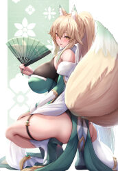 Rule 34 | 1girl, absurdres, animal ears, bare shoulders, blonde hair, blush, breasts, commentary request, commission, folding fan, fox ears, fox girl, fox tail, from behind, green footwear, hand fan, high heels, highres, holding, holding fan, huge breasts, long hair, looking at viewer, looking back, original, parted lips, ponytail, sidelocks, skeb commission, smile, socks, squatting, tail, thigh strap, thighs, tiri man, white socks, yellow eyes
