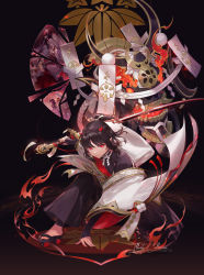 Rule 34 | 1girl, artist name, black gloves, black hair, black nails, callarinc, commentary request, dark background, gloves, highres, holding, holding weapon, horns, japanese clothes, katana, long sleeves, looking at viewer, male focus, nail polish, onmyoji, onmyouji, pointy ears, ponytail, red eyes, red horns, ribbon, sandals, skull, smile, solo, sword, weapon, white ribbon