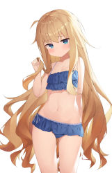 Rule 34 | 1girl, absurdres, arms behind back, avant garde (artist), bikini, bikini skirt, blonde hair, blue bikini, blue eyes, blush, breasts, embarrassed, female focus, gabriel dropout, gabriel tenma white, gluteal fold, highres, holding, holding own hair, long hair, looking at viewer, navel, simple background, small breasts, solo, swimsuit, thigh gap, thighs, twirling hair, upper body, very long hair, white background
